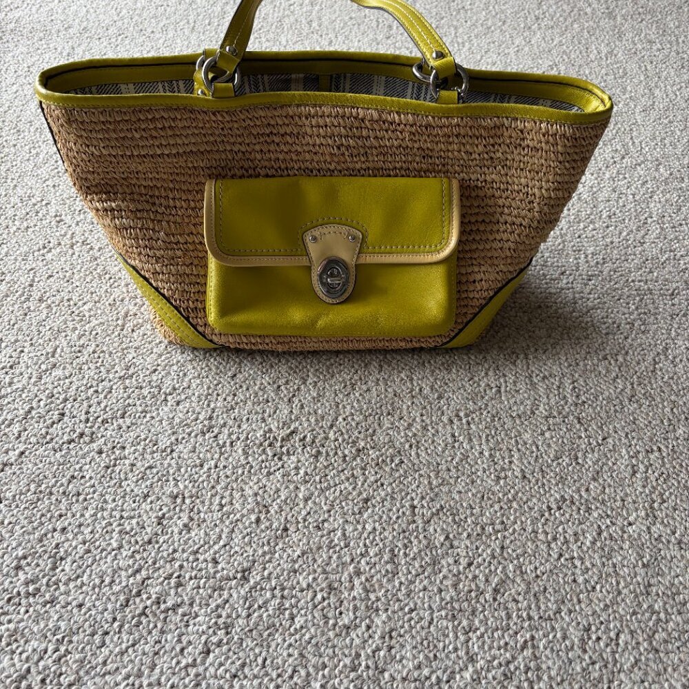 Coach 22904 Vintage Y2K Green Leather + Wicker Raffia Tote Summer Classic Preppy - Picture 2 of 16